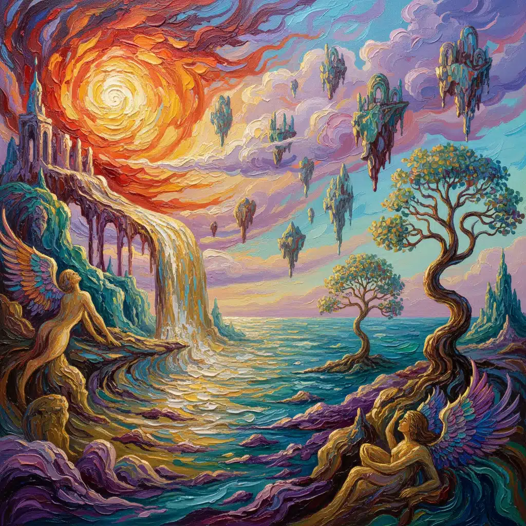 Detalle de una pintura surrealista con colores vibrantes y pinceladas intrincadas, reflejando la maestría artística.