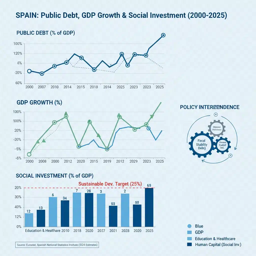 Gráfico de la relación entre deuda pública, crecimiento del PIB e inversión social en España.