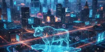 Estrategias 2026: Digitalización y Sectores Clave para Invertir en España Paisaje urbano digitalizado con líneas de datos, representando la aceleración económica de España y la inversión en digitalización.