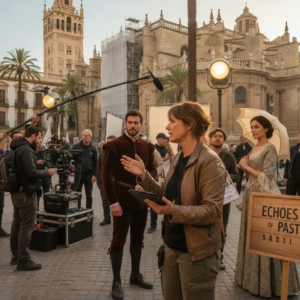 Director español en el set de rodaje explicando una escena clave.