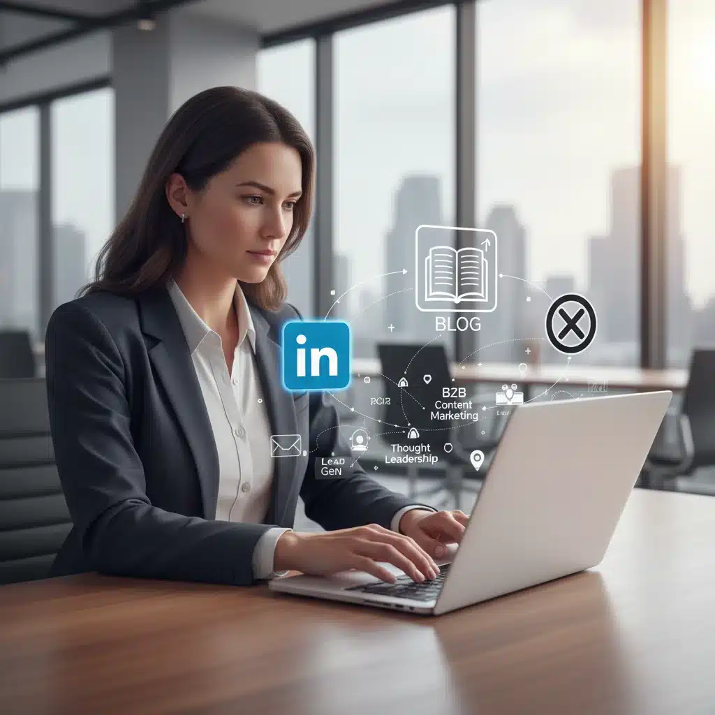 Personne utilisant un ordinateur portable pour distribuer du contenu B2B sur les réseaux sociaux professionnels.