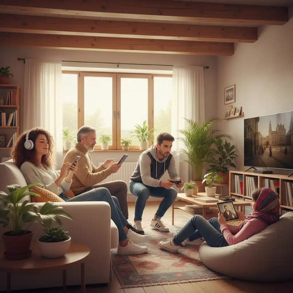 Diversidad de consumidores españoles disfrutando de diferentes contenidos culturales digitales a través de plataformas de streaming en sus dispositivos.