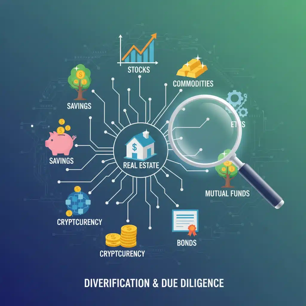 Iconos de diversas opciones de inversión como acciones, bienes raíces y fondos, representando diversificación.