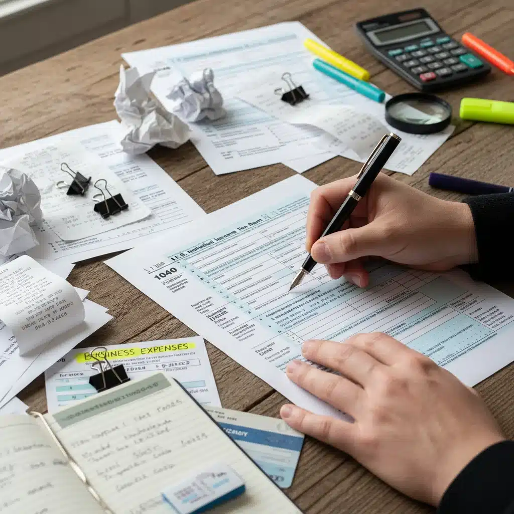 Manos rellenando formularios de impuestos con recibos y documentos fiscales.