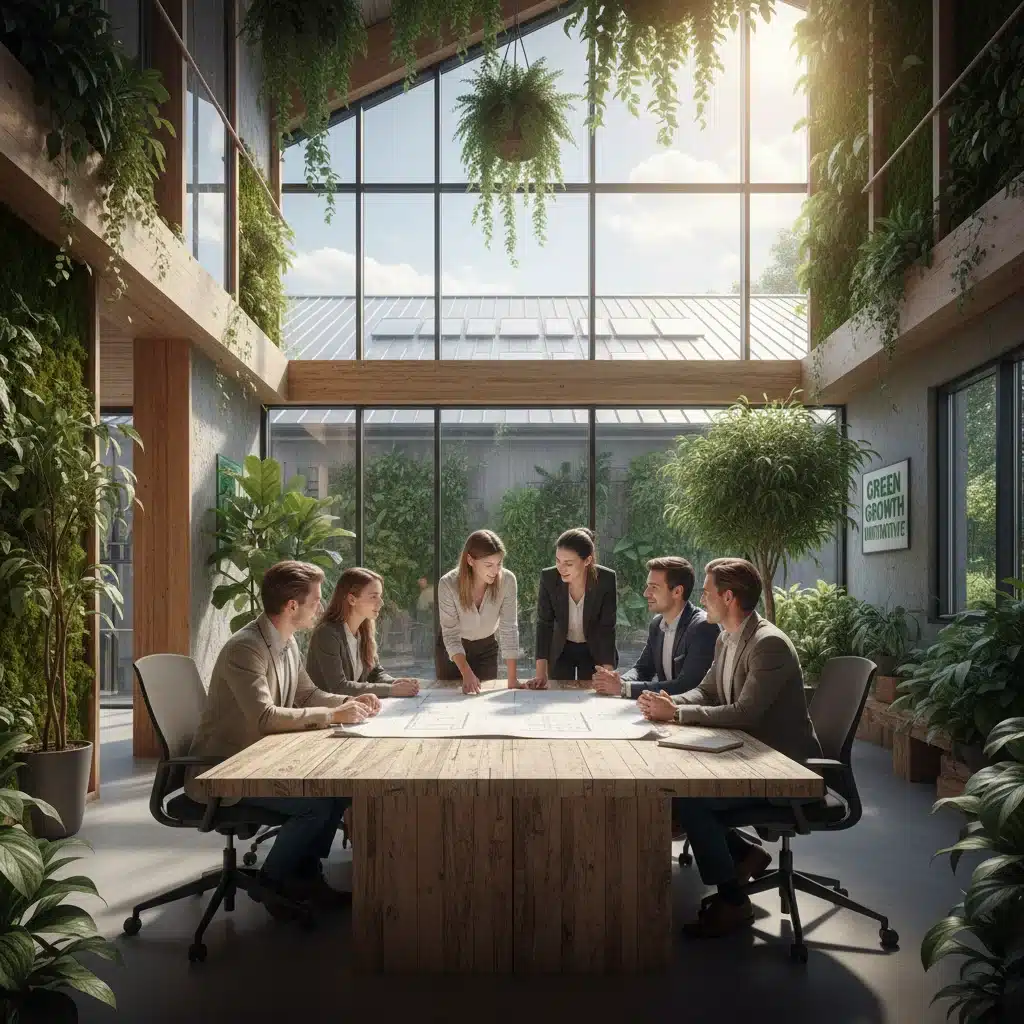 Profesionales discutiendo proyectos en un edificio sostenible, representando la economía verde y la sostenibilidad.