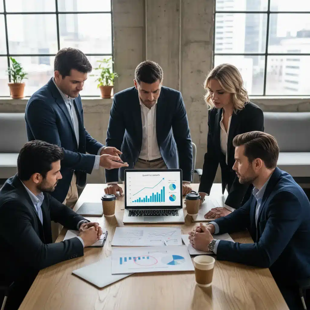 Empresarios analizando documentos financieros y proyecciones fiscales para el año 2026 en España.
