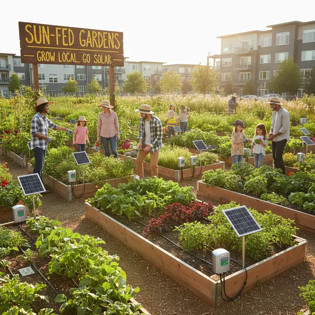 Jardin communautaire avec panneaux solaires pour l'irrigation, illustrant l'engagement local pour l'énergie verte.