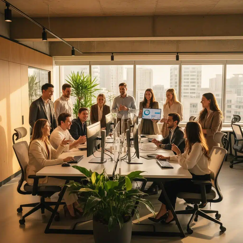 Empleados colaborando felizmente en una oficina moderna.