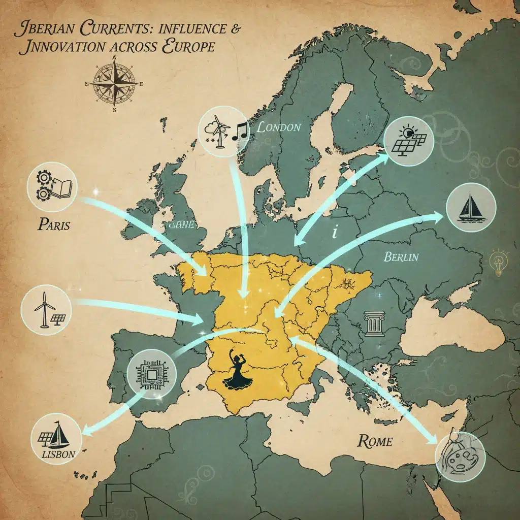 Mapa de Europa con España destacada, mostrando vectores de influencia económica y cultural en la UE.