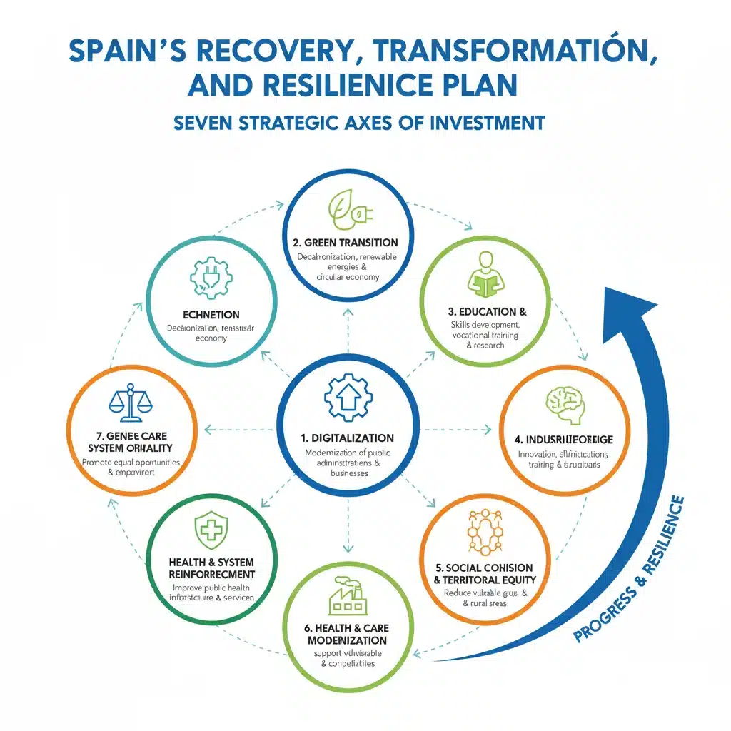 Esquema visual de los 7 ejes de inversión estratégica del Plan de Recuperación de España.