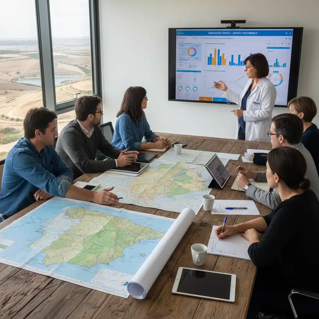 Profesionales colaborando en estrategias de gestión hídrica y agricultura sostenible en España.