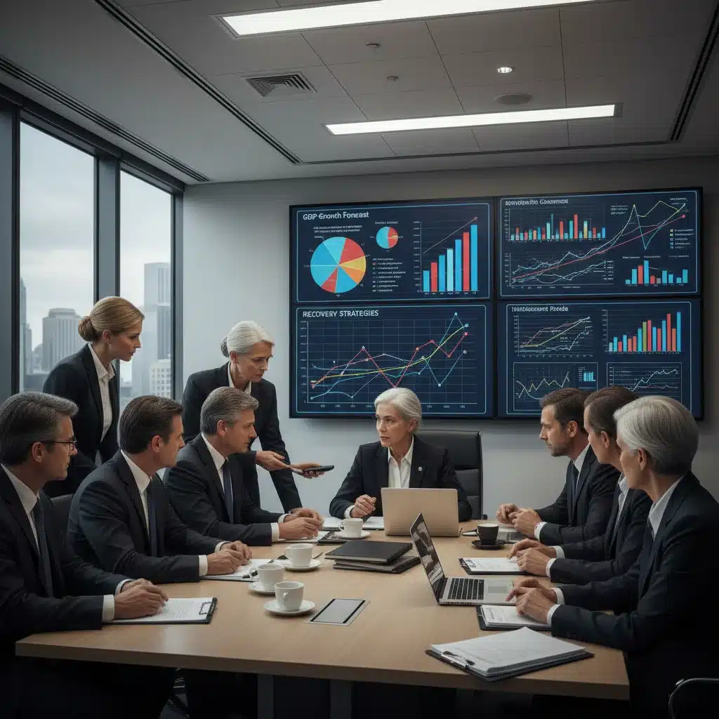 Economistas y políticos discutiendo estrategias para la recuperación económica.