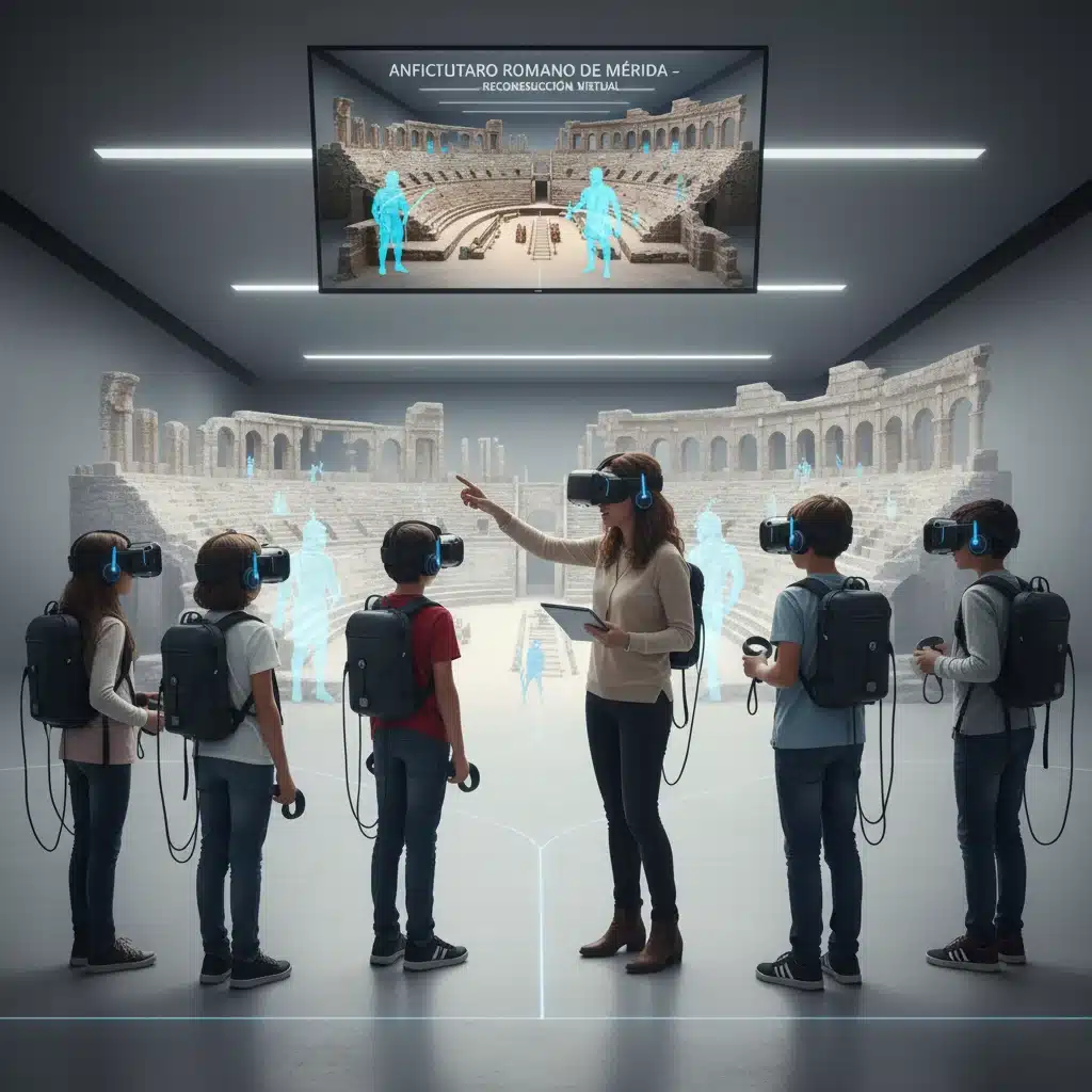 Estudiantes explorando un anfiteatro romano virtual con gafas de realidad virtual.