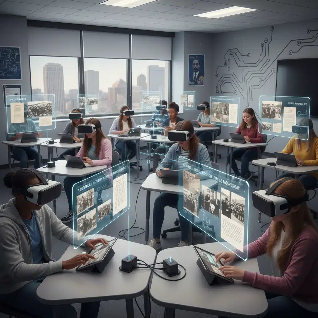 Étudiants explorant une exposition numérique sur l'histoire américaine via des tablettes et la réalité virtuelle