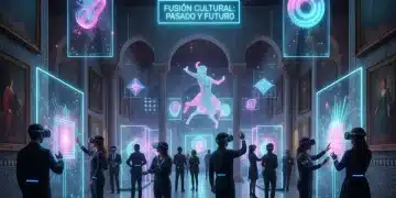 Digitalización Cultural España: 3 Casos de Éxito en 2026 Exposición digital futurista en un edificio histórico español, con personas usando VR y hologramas.