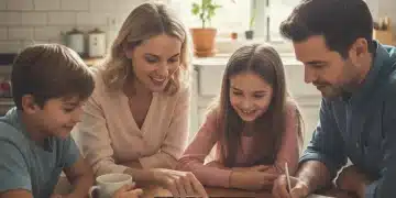 Familia revisando presupuesto digital en tableta, planificando finanzas para 2026.