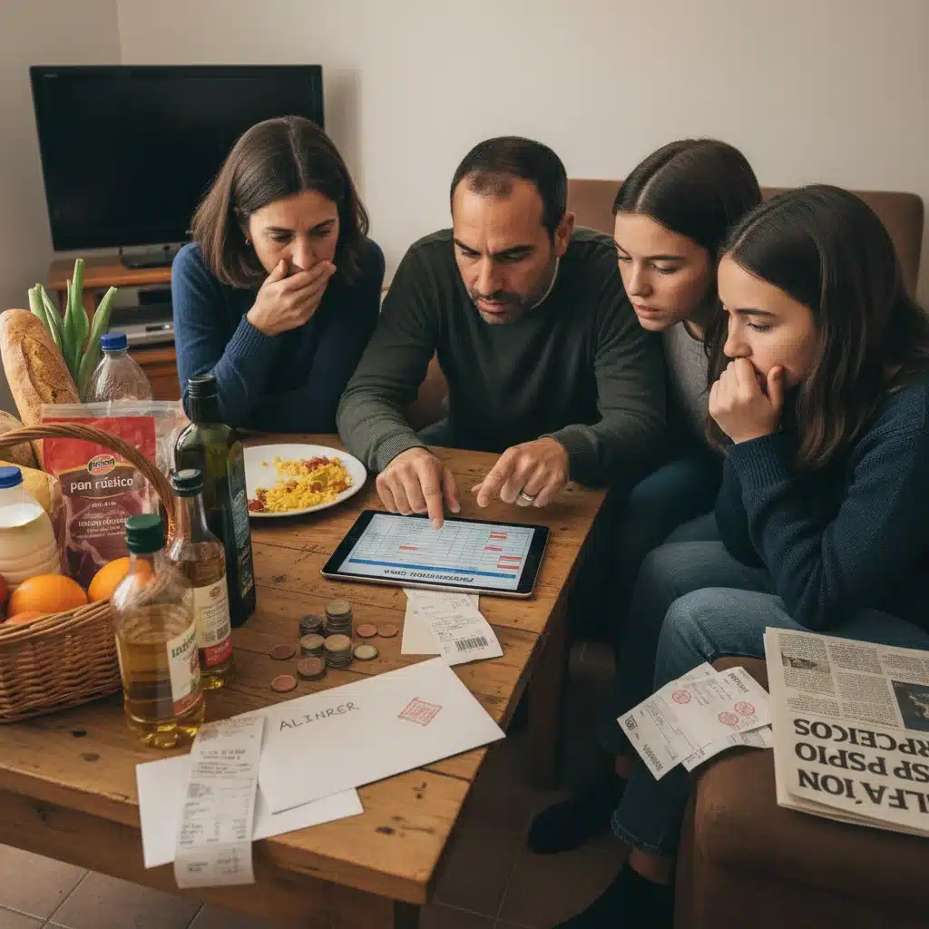 Familia española revisando presupuesto familiar ante subida de precios por inflación.