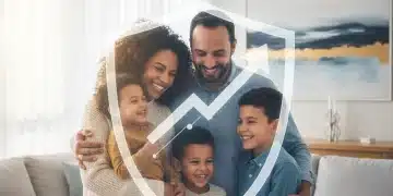 Familia española sonriente y protegida en su hogar, con un ambiente de seguridad financiera.