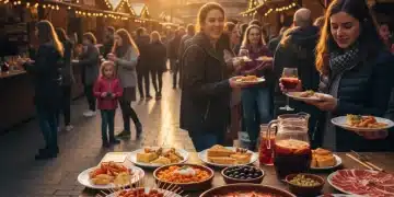 Gente disfrutando de tapas y platos tradicionales en un animado festival gastronómico español bajo el sol.