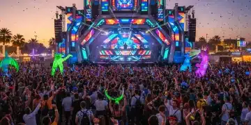 Público vibrante disfrutando de un festival de música y arte innovador en España, escenario futurista y luces de colores.