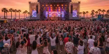 Público animado en un festival de música emergente en España al atardecer
