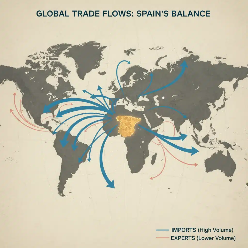 Mapa mundial con flechas representando flujos comerciales de importación y exportación de España