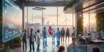 Profesionales diversos colaborando en un entorno de trabajo moderno, simbolizando el futuro del empleo en España.
