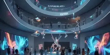 Interior de una galería de arte moderna con esculturas abstractas y visitantes admirando las obras, anticipando las exposiciones de 2026 en España.