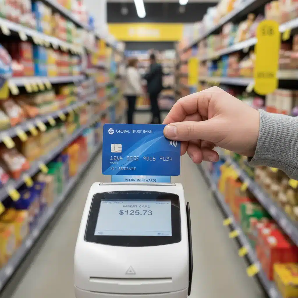 Mano insertando tarjeta de crédito en terminal de punto de venta, simbolizando gastos.