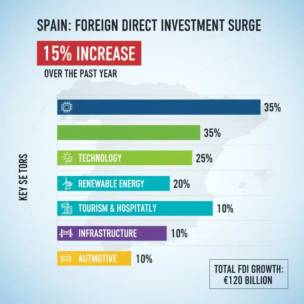 Gráfico de barras mostrando el aumento del 15% en la inversión extranjera directa en España, destacando sectores clave.