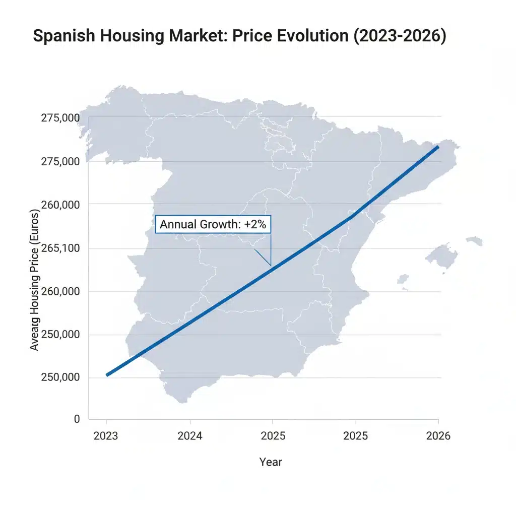 Gráfico que ilustra la tendencia de crecimiento anual del 2% en los precios de la vivienda en España hasta 2026.