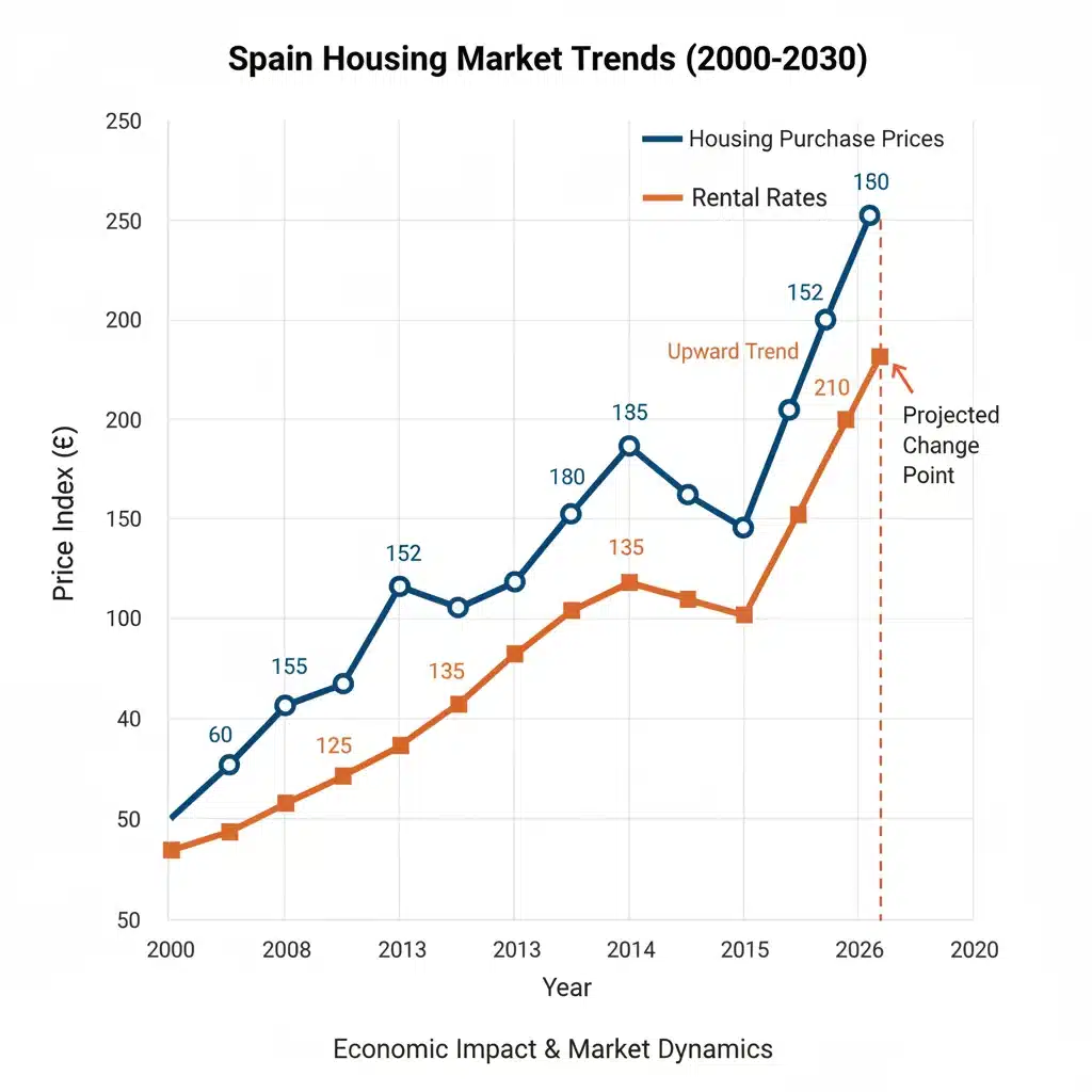 Gráfico de tendencias de precios de alquiler y compra de vivienda en España, mostrando fluctuaciones y proyecciones futuras.