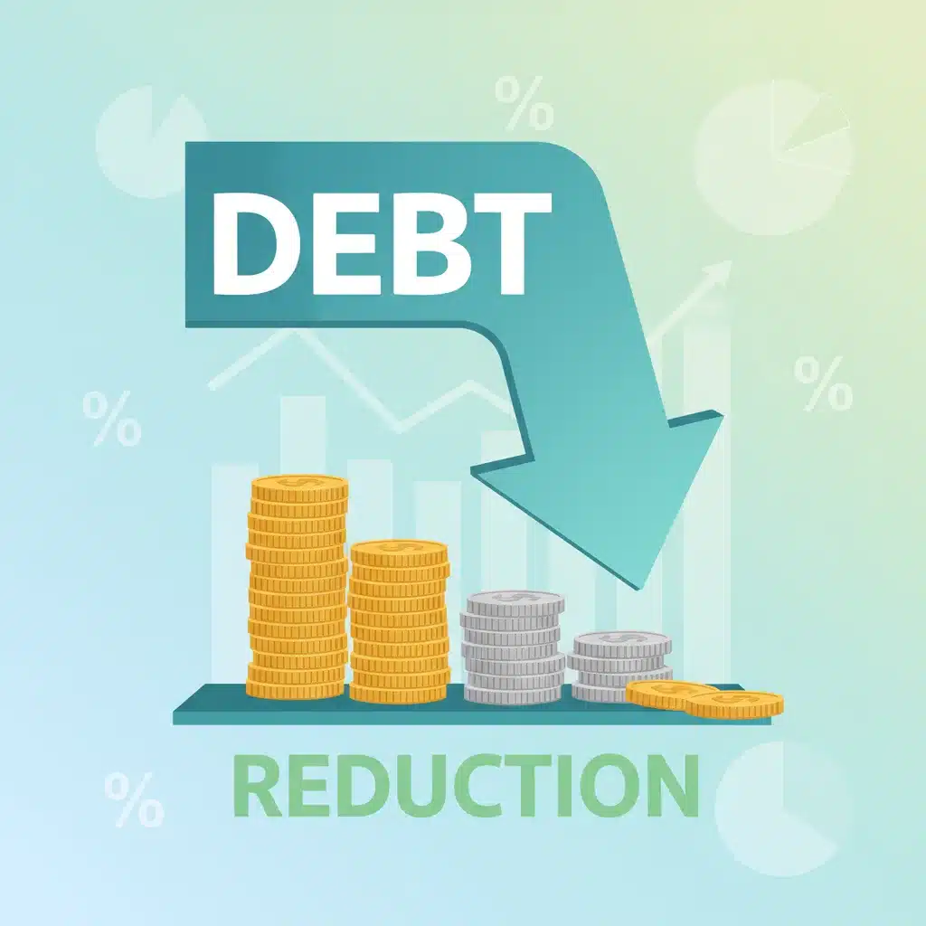 Gráfico de reducción de deuda con flecha descendente y monedas