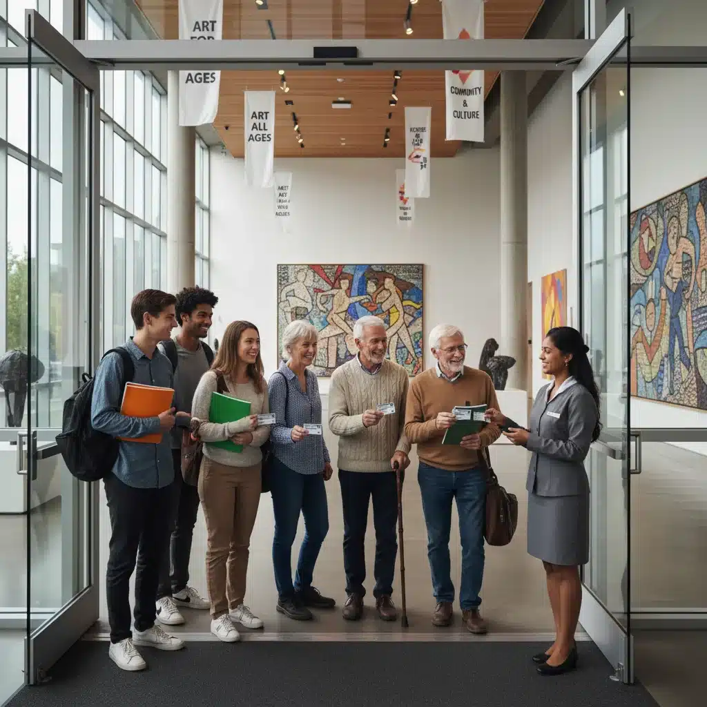 Grupo de personas de diferentes edades mostrando sus pases de descuento al entrar a una galería de arte moderna, simbolizando el acceso cultural inclusivo.