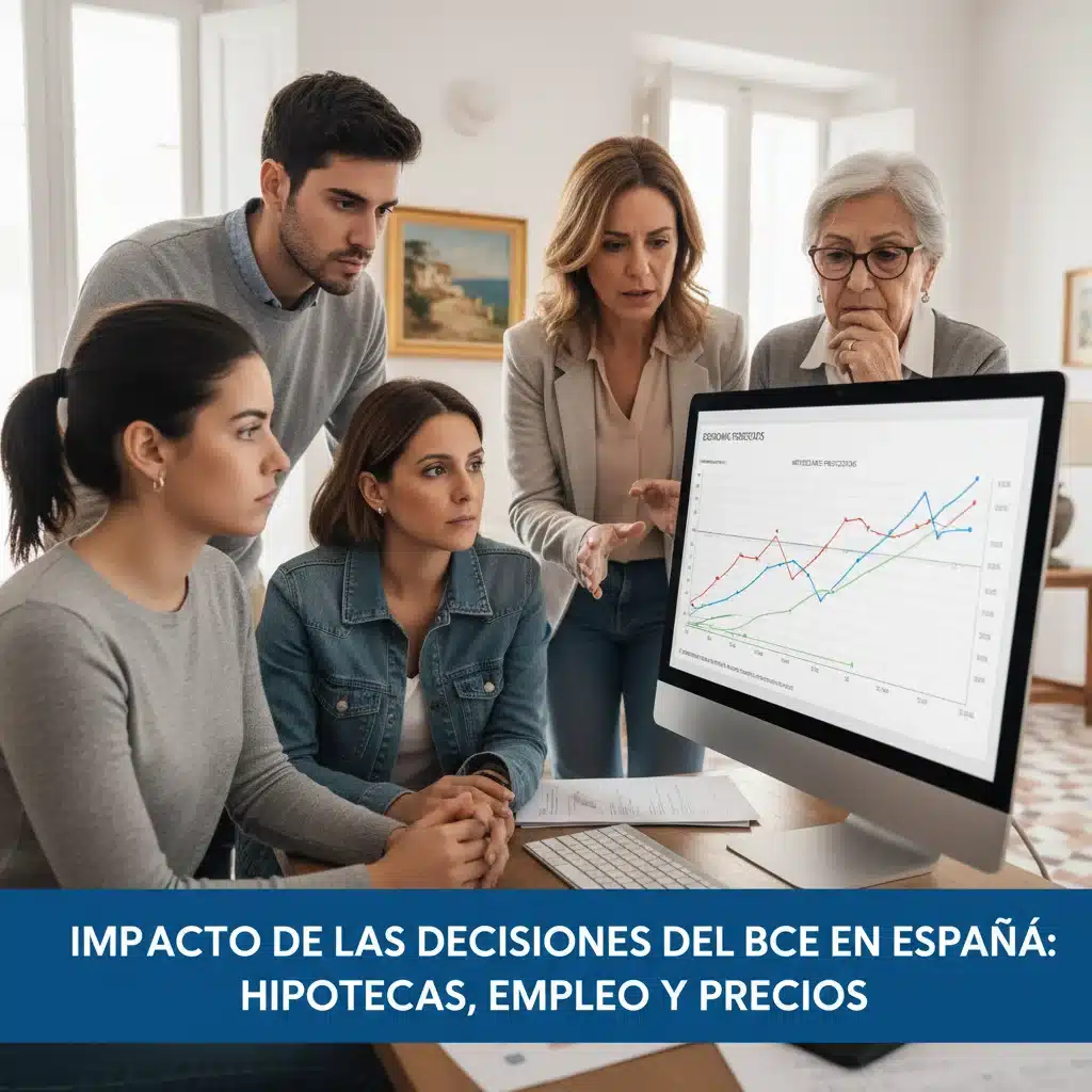 Grupo de personas diversas observando proyecciones económicas y de tasas de interés en una pantalla, representando el impacto en hogares y empresas españolas.