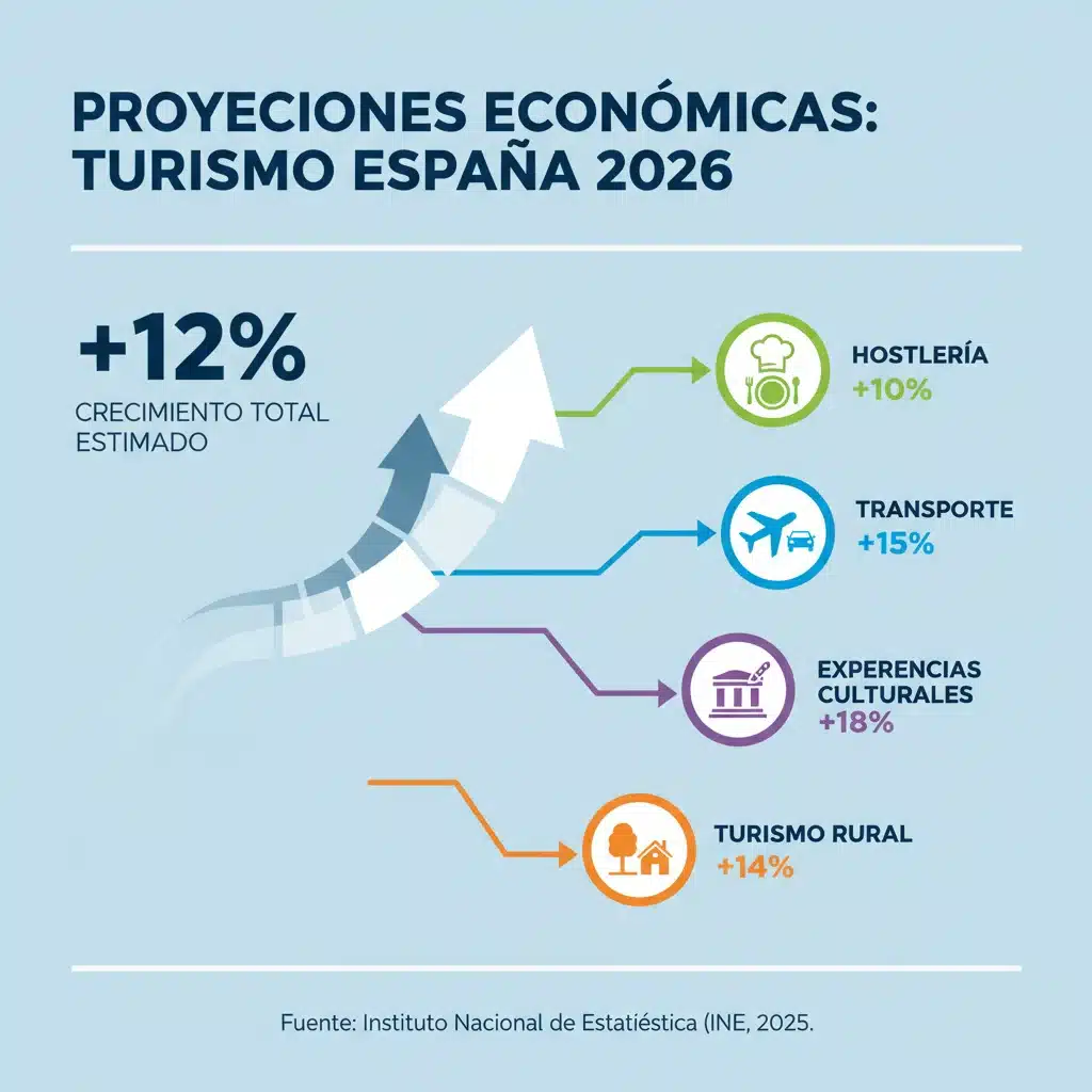 Infografía detallando las proyecciones de crecimiento económico del turismo en España para 2026.