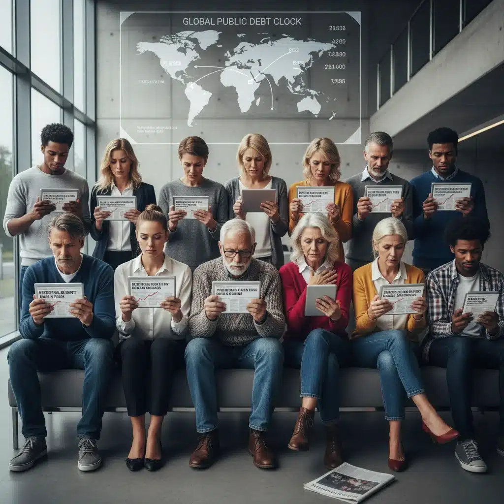 Personas de diferentes generaciones preocupadas por el impacto de la deuda pública en su futuro.