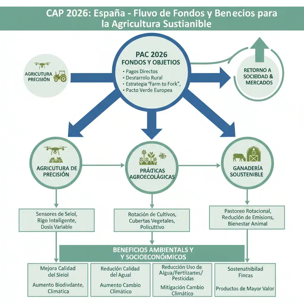 Infografía explicando las ayudas de la PAC 2026 para agricultura sostenible