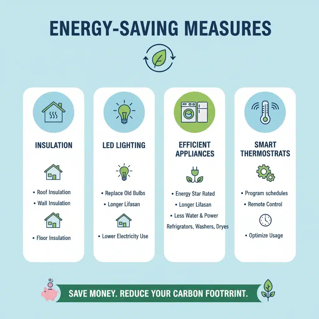 Infografía de medidas de eficiencia energética: aislamiento, iluminación LED y electrodomésticos eficientes.