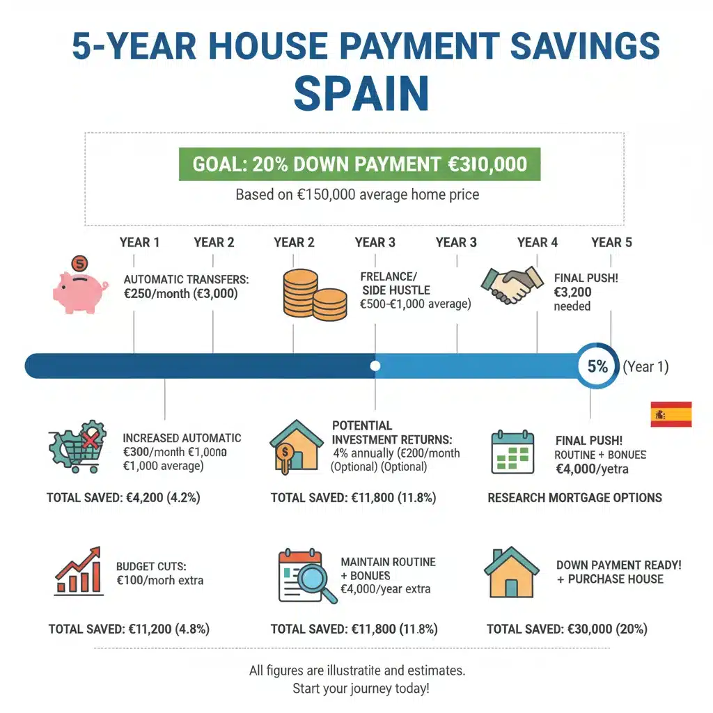 Infografía detallada sobre un plan de ahorro a 5 años para la entrada de una vivienda en España, mostrando hitos y estrategias financieras.