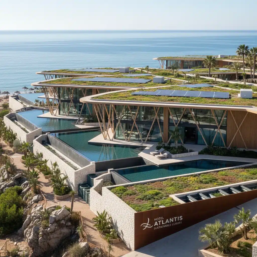 Hotel o resort moderno y eficiente energéticamente en España, con paneles solares y diseño integrado en el paisaje, simbolizando inversión en infraestructura sostenible.