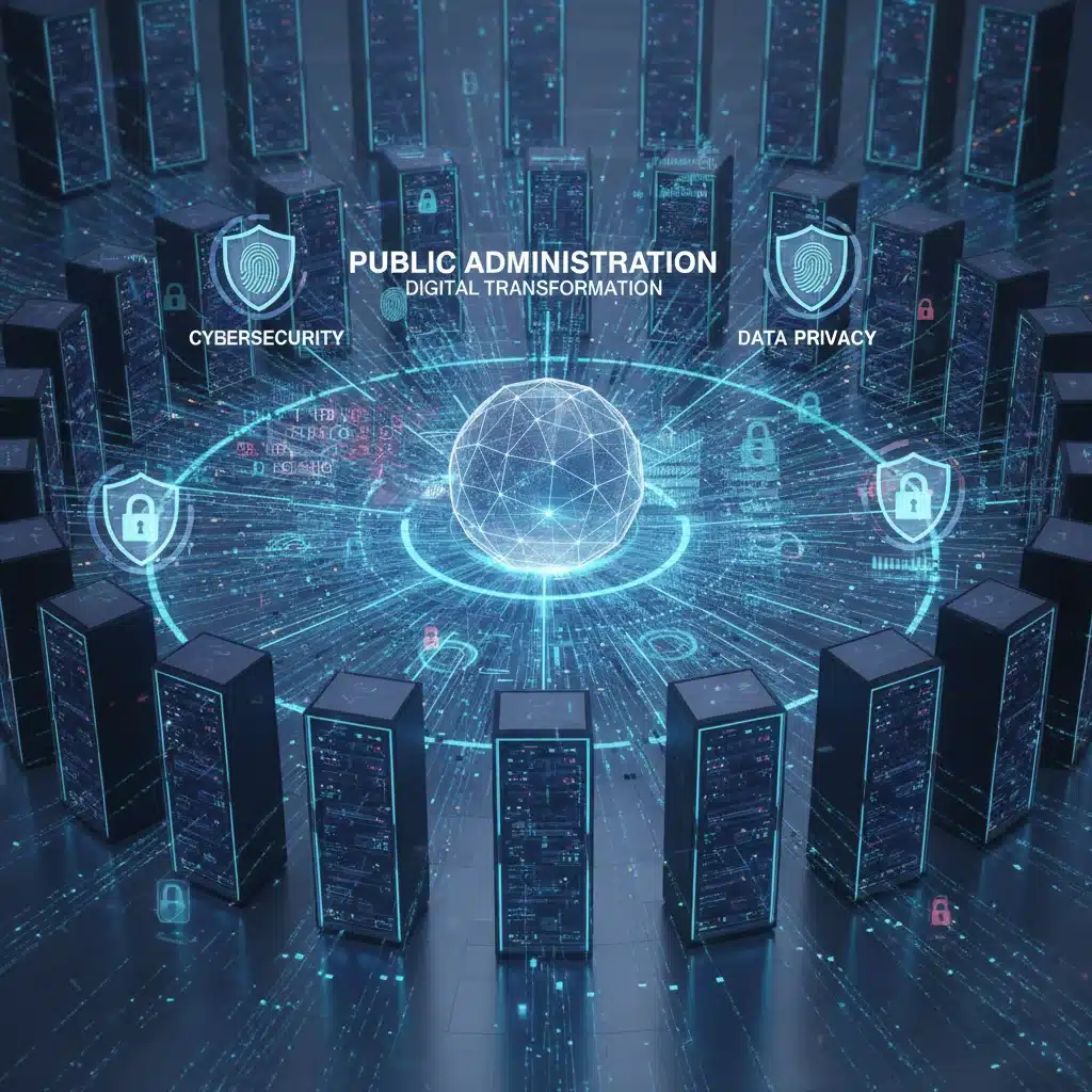 Infraestructura tecnológica de servidores y datos interconectados, simbolizando la digitalización y ciberseguridad en la administración.