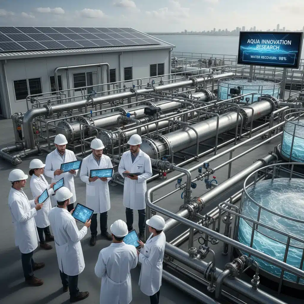 Ingenieros supervisando una planta de desalinización o reciclaje de agua de última generación.