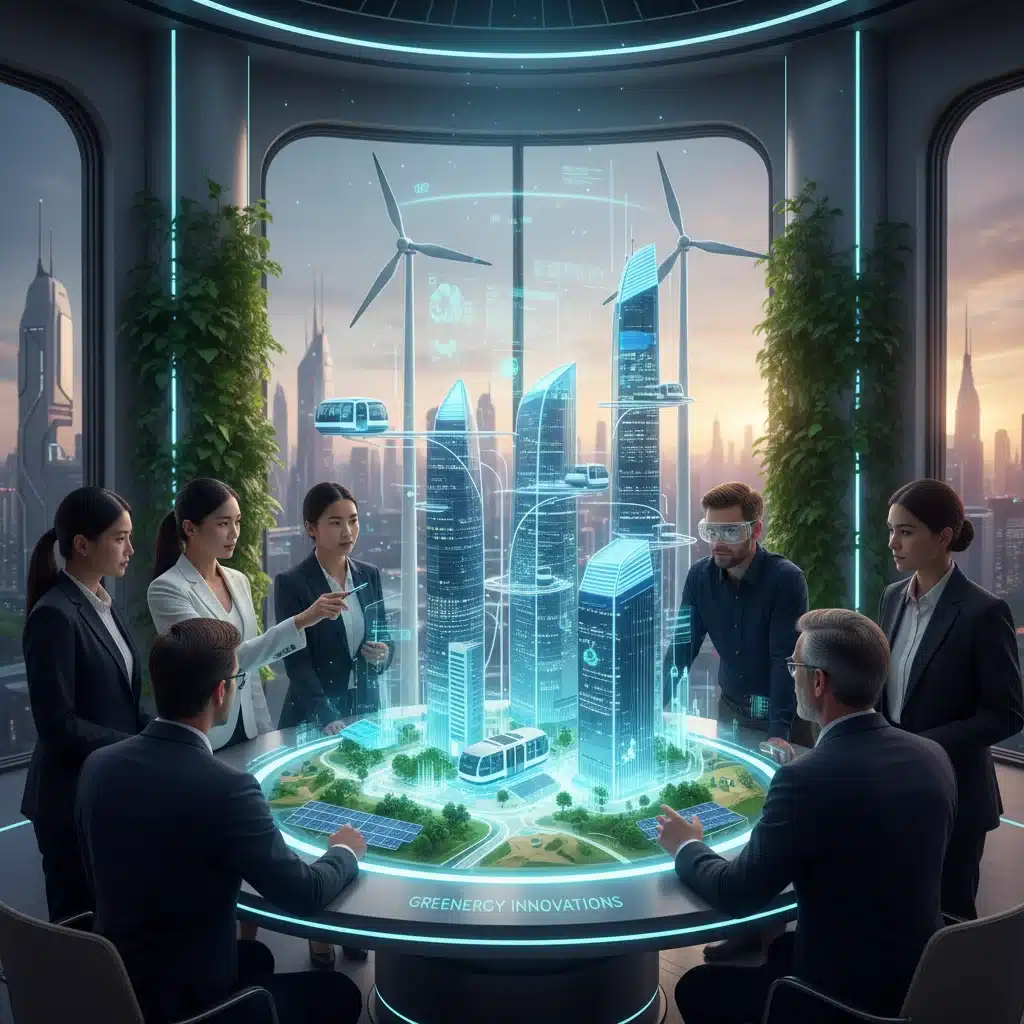 Profesionales colaborando en una proyección holográfica de una ciudad inteligente, simbolizando la innovación y el desarrollo sostenible.