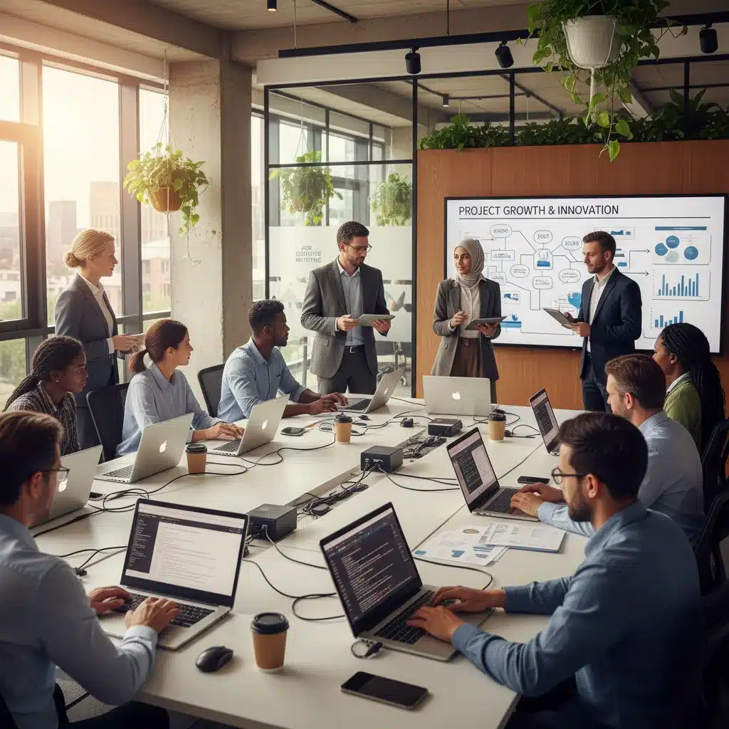 Profesionales colaborando en una oficina moderna, simbolizando productividad y empleo