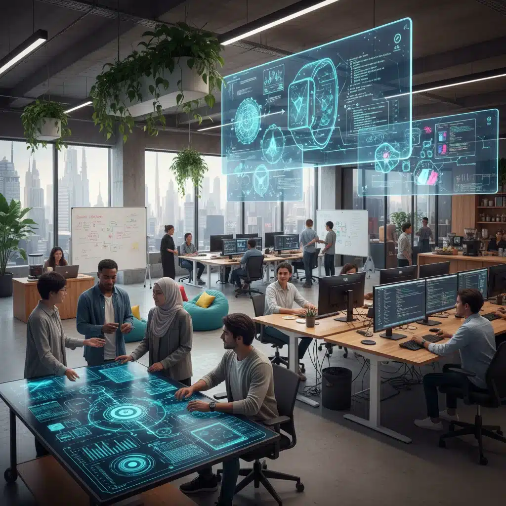 Profesionales trabajando en equipo en un entorno tecnológico moderno, con gráficos y código en pantallas, reflejando el dinamismo del sector digital.