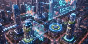 Paisaje urbano futurista de una ciudad española con tecnología avanzada y proyecciones holográficas, representando la innovación tecnológica en España.