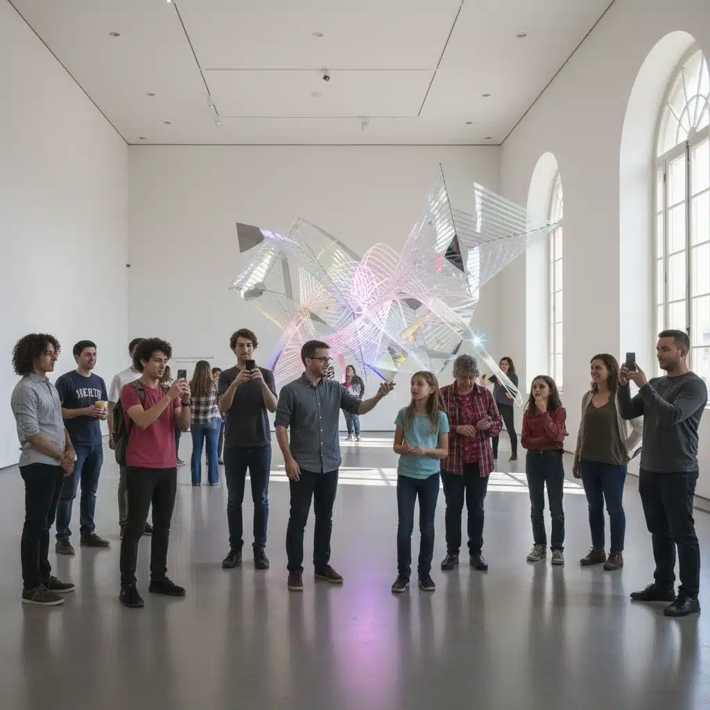 Público diverso interactuando con una instalación de arte contemporáneo en un museo, mostrando curiosidad y asombro.