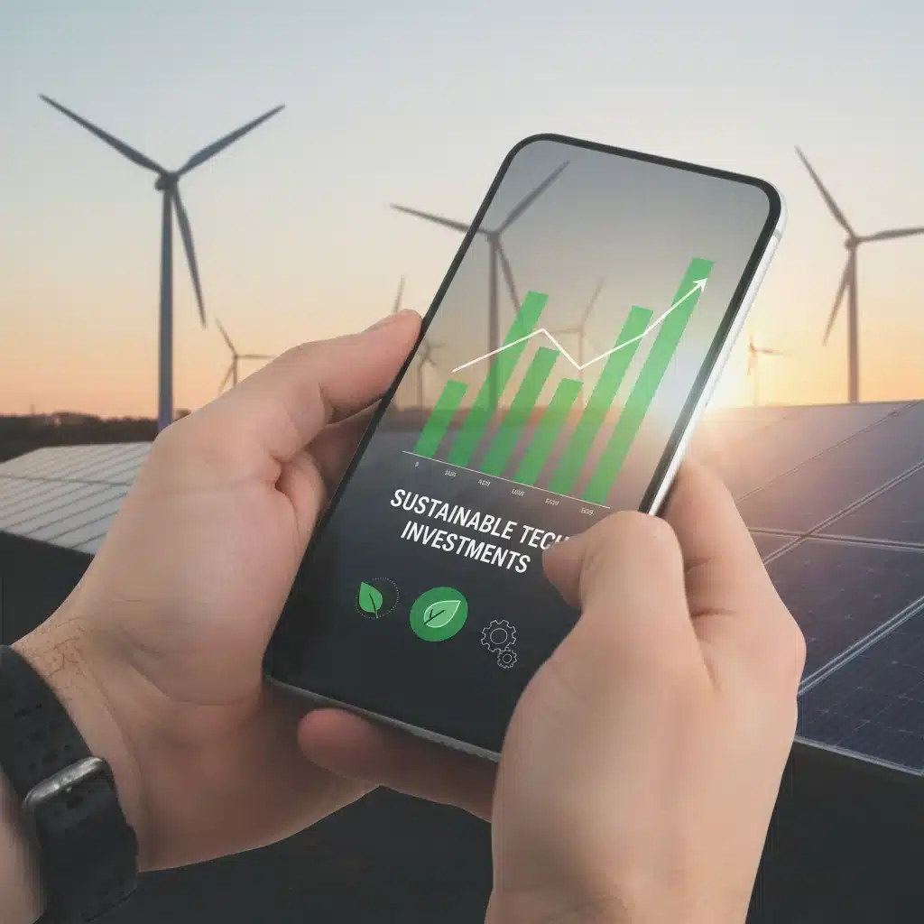 Persona consultando una aplicación financiera en un smartphone, con un fondo de energías renovables.