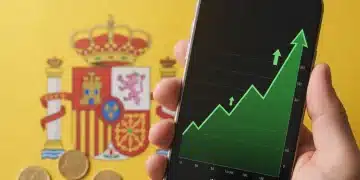Mano sosteniendo móvil con gráficos de inversión y monedas de euro, simbolizando inversiones en España.